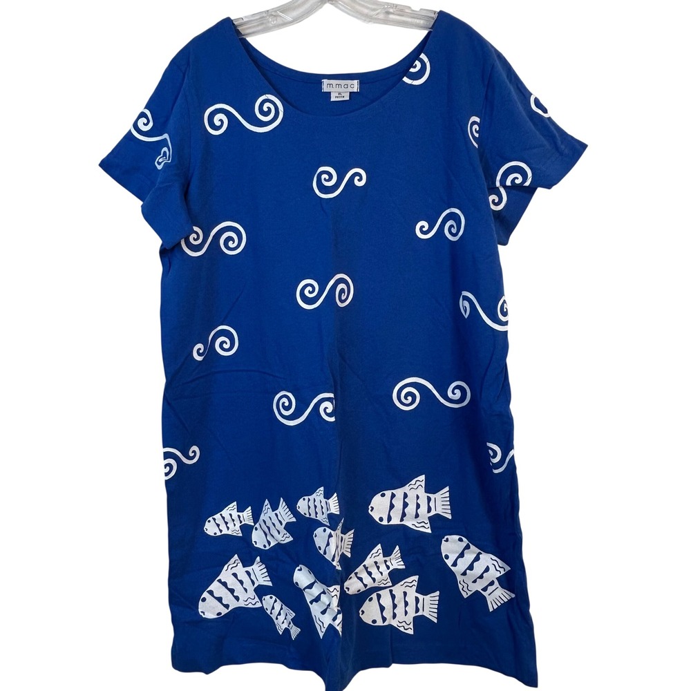 m.mac Blue Cotton Fish Wave Print T-Shirt Dress XL Petite Nautical‎ Made in USA